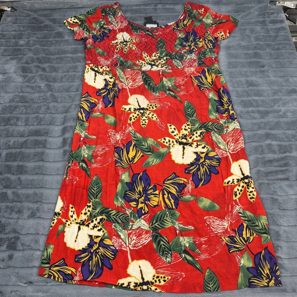 Carole Little Vintage Red Tropical Floral Smocked Rayon Midi Dress Womens 10